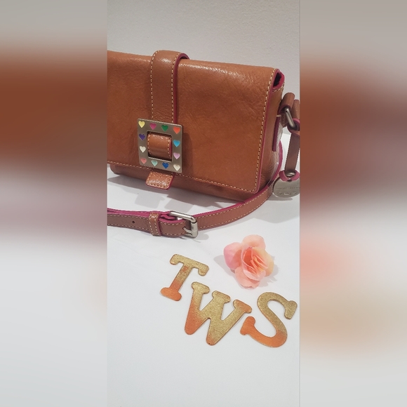 Dooney & Bourke Brown Leather Crossbody Bag With‎ Colorful Hearts - Picture 2 of 13